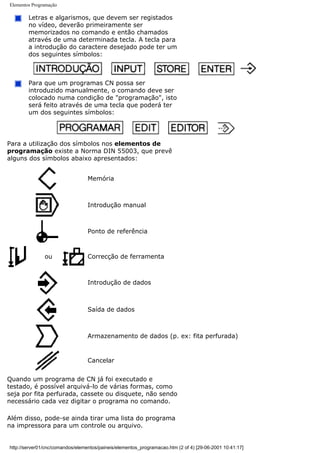 Elementos Programação
Letras e algarismos, que devem ser registados
no vídeo, deverão primeiramente ser
memorizados no comando e então chamados
através de uma determinada tecla. A tecla para
a introdução do caractere desejado pode ter um
dos seguintes símbolos:
Para que um programas CN possa ser
introduzido manualmente, o comando deve ser
colocado numa condição de "programação", isto
será feito através de uma tecla que poderá ter
um dos seguintes símbolos:
Para a utilização dos símbolos nos elementos de
programação existe a Norma DIN 55003, que prevê
alguns dos símbolos abaixo apresentados:
Memória
Introdução manual
Ponto de referência
ou Correcção de ferramenta
Introdução de dados
Saída de dados
Armazenamento de dados (p. ex: fita perfurada)
Cancelar
Quando um programa de CN já foi executado e
testado, é possível arquivá-lo de várias formas, como
seja por fita perfurada, cassete ou disquete, não sendo
necessário cada vez digitar o programa no comando.
Além disso, pode-se ainda tirar uma lista do programa
na impressora para um controle ou arquivo.
http://server01/cnc/comandos/elementos/paineis/elementos_programacao.htm (2 of 4) [29-06-2001 10:41:17]
 