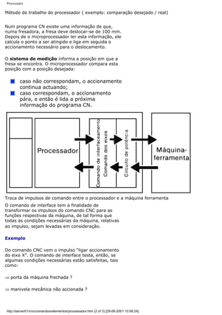 Processador
Método do trabalho do processador ( exemplo: comparação desejado / real)
Num programa CN existe uma informação de que,
numa fresadora, a fresa deve deslocar-se de 100 mm.
Depois de o microprocessador ler esta informação, ele
calcula o ponto a ser atingido e liga em seguida o
accionamento necessário para o deslocamento.
O sistema de medição informa a posição em que a
fresa se encontra. O microprocessador compara esta
posição com a posição desejada:
caso não correspondam, o accionamento
continua actuando;
caso correspondam, o accionamento
pára, e então é lida a próxima
informação do programa CN.
Troca de impulsos de comando entre o processador e a máquina ferramenta
O comando de interface tem a finalidade de
transformar os impulsos do comando CNC para as
funções respectivas da máquina, de tal forma que
todas as condições necessárias da máquina, relativas
ao impulso, sejam levadas em consideração.
Exemplo
Do comando CNC vem o impulso “ligar accionamento
do eixo X”. O comando de interface testa, então, se
algumas condições necessárias estão satisfeitas, tais
como:
⇒ porta da máquina frechada ?
⇒ manivela mecânica não accionada ?
http://server01/cnc/comandos/elementos/processador.htm (2 of 3) [29-06-2001 10:56:24]
 