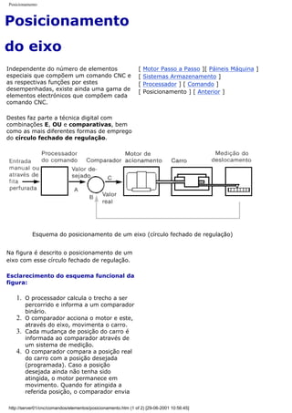 Posicionamento
Posicionamento
do eixo
Independente do número de elementos
especiais que compõem um comando CNC e
as respectivas funções por estes
desempenhadas, existe ainda uma gama de
elementos electrónicos que compõem cada
comando CNC.
Destes faz parte a técnica digital com
combinações E, OU e comparativas, bem
como as mais diferentes formas de emprego
do círculo fechado de regulação.
[ Motor Passo a Passo ][ Páineis Máquina ]
[ Sistemas Armazenamento ]
[ Processador ] [ Comando ]
[ Posicionamento ] [ Anterior ]
Esquema do posicionamento de um eixo (círculo fechado de regulação)
Na figura é descrito o posicionamento de um
eixo com esse círculo fechado de regulação.
Esclarecimento do esquema funcional da
figura:
1. O processador calcula o trecho a ser
percorrido e informa a um comparador
binário.
2. O comparador acciona o motor e este,
através do eixo, movimenta o carro.
3. Cada mudança de posição do carro é
informada ao comparador através de
um sistema de medição.
4. O comparador compara a posição real
do carro com a posição desejada
(programada). Caso a posição
desejada ainda não tenha sido
atingida, o motor permanece em
movimento. Quando for atingida a
referida posição, o comparador envia
http://server01/cnc/comandos/elementos/posicionamento.htm (1 of 2) [29-06-2001 10:56:45]
 