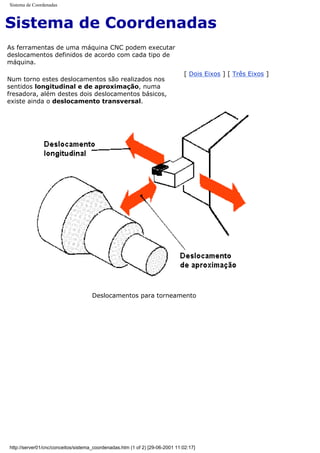 Sistema de Coordenadas
Sistema de Coordenadas
As ferramentas de uma máquina CNC podem executar
deslocamentos definidos de acordo com cada tipo de
máquina.
Num torno estes deslocamentos são realizados nos
sentidos longitudinal e de aproximação, numa
fresadora, além destes dois deslocamentos básicos,
existe ainda o deslocamento transversal.
[ Dois Eixos ] [ Três Eixos ]
Deslocamentos para torneamento
http://server01/cnc/conceitos/sistema_coordenadas.htm (1 of 2) [29-06-2001 11:02:17]
 