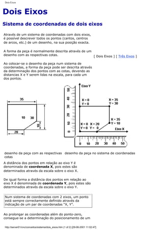 Dois Eixos
Dois Eixos
Sistema de coordenadas de dois eixos
Através de um sistema de coordenadas com dois eixos,
é possível descrever todos os pontos (cantos, centros
de arcos, etc.) de um desenho, na sua posição exacta.
A forma da peça é normalmente descrita através de um
desenho com as respectivas cotas.
Ao colocar-se o desenho da peça num sistema de
coordenadas, a forma da peça pode ser descrita através
da determinação dos pontos com as cotas, devendo as
distancias X e Y serem lidas na escala, para cada um
dos pontos.
[ Dois Eixos ] [ Três Eixos ]
desenho da peça com as respectivas
cotas
desenho da peça no sistema de coordenadas
A distância dos pontos em relação ao eixo Y é
denominada de coordenada X, pois estes são
determinados através da escala sobre o eixo X.
De igual forma a distância dos pontos em relação ao
eixo X é denominada de coordenada Y, pois estes são
determinados através da escala sobre o eixo Y.
Num sistema de coordenadas com 2 eixos, um ponto
está sempre correctamente definido através da
indicação de um par de coordenadas “X, Y”.
Ao prolongar as coordenadas além do ponto-zero,
consegue-se a determinação do posicionamento de um
http://server01/cnc/conceitos/sistema/dois_eixos.htm (1 of 2) [29-06-2001 11:02:47]
 