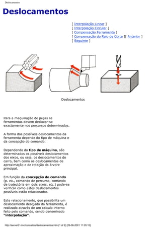 Deslocamentos
Deslocamentos
[ Interpolação Linear ]
[ Interpolação Circular ]
[ Compensação Ferramenta ]
[ Compensação do Raio de Corte ][ Anterior ]
[ Seguinte ]
Deslocamentos
Para a maquinação de peças as
ferramentas devem deslocar-se
exactamente nos percursos determinados.
A forma dos possíveis deslocamentos da
ferramenta depende do tipo de máquina e
da concepção do comando.
Dependendo do tipo de máquina, são
determinados os possíveis deslocamentos
dos eixos, ou seja, os deslocamentos do
carro, bem como os deslocamentos de
aproximação e de rotação da árvore
principal.
Em função da concepção do comando
(p. ex., comando de percurso, comando
de trajectória em dois eixos, etc.) pode-se
verificar como estes deslocamentos
possíveis estão relacionados.
Este relacionamento, que possibilita um
deslocamento desejado da ferramenta, é
realizado através de um calculo interno
feito pelo comando, sendo denominado
“interpolação”.
http://server01/cnc/conceitos/deslocamentos.htm (1 of 2) [29-06-2001 11:05:10]
 