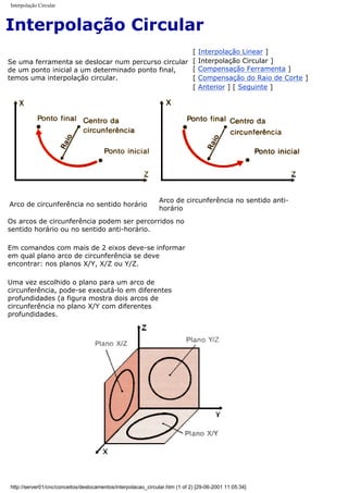 Interpolação Circular
Interpolação Circular
Se uma ferramenta se deslocar num percurso circular
de um ponto inicial a um determinado ponto final,
temos uma interpolação circular.
[ Interpolação Linear ]
[ Interpolação Circular ]
[ Compensação Ferramenta ]
[ Compensação do Raio de Corte ]
[ Anterior ] [ Seguinte ]
Arco de circunferência no sentido horário
Arco de circunferência no sentido anti-
horário
Os arcos de circunferência podem ser percorridos no
sentido horário ou no sentido anti-horário.
Em comandos com mais de 2 eixos deve-se informar
em qual plano arco de circunferência se deve
encontrar: nos planos X/Y, X/Z ou Y/Z.
Uma vez escolhido o plano para um arco de
circunferência, pode-se executá-lo em diferentes
profundidades (a figura mostra dois arcos de
circunferência no plano X/Y com diferentes
profundidades.
http://server01/cnc/conceitos/deslocamentos/interpolacao_circular.htm (1 of 2) [29-06-2001 11:05:34]
 