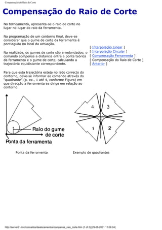 Compensação do Raio de Corte
Compensação do Raio de Corte
No torneamento, apresenta-se o raio de corte no
lugar no lugar do raio da ferramenta.
Na programação de um contorno final, deve-se
considerar que o gume de corte da ferramenta é
pontiagudo no local da actuação.
Na realidade, os gumes de corte são arredondados; o
comando compensa a distancia entre a ponta teórica
da ferramenta e o gume de corte, calculando a
trajectória equidistante correspondente.
Para que esta trajectória esteja no lado correcto do
contorno, deve-se informar ao comando através do
“quadrante” (p. ex., 1 até 4, conforme Figura) em
que direcção a ferramenta se dirige em relação ao
contorno.
[ Interpolação Linear ]
[ Interpolação Circular ]
[ Compensação Ferramenta ]
[ Compensação do Raio de Corte ]
[ Anterior ]
Ponta da ferramenta Exemplo de quadrantes
http://server01/cnc/conceitos/deslocamentos/compensa_raio_corte.htm (1 of 2) [29-06-2001 11:06:04]
 