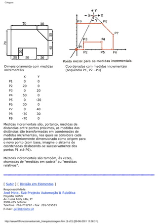 Cotagem
Dimensionamento com medidas
incrementais
Coordenadas com medidas incrementais
(sequência P1, P2...P9)
X Y
P1 0 0
P2 20 0
P3 0 20
P4 50 0
P5 0 -20
P6 30 0
P7 0 40
P8 -30 30
P9 -70 0
Medidas incrementais são, portanto, medidas de
distancias entre pontos próximos, as medidas das
distâncias são transformadas em coordenadas de
medidas incrementais, nas quais se considera cada
ponto anteriormente dimensionado como origem para
o novo ponto (com base, imagine o sistema de
coordenadas deslocando-se sucessivamente dos
pontos P1 até P9).
Medidas incrementais são também, ás vezes,
chamadas de “medidas em cadeia” ou “medidas
relativas”.
[ Subir ] [ Divisão em Elementos ]
Responsabilidade:
José Mota, Sub Projecto Automação & Robótica
Projecto Delfim
Av. Luisa Tody 416, 1º
2900-455 Setúbal
Telefone: 265-231292 - Fax: 265-535533
E-mail: geral@profoc.pt
http://server01/cnc/conceitos/calc_triangulo/cotagem.htm (3 of 3) [29-06-2001 11:06:31]
 