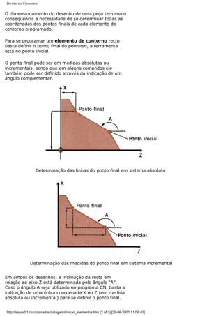Divisão em Elementos
O dimensionamento do desenho de uma peça tem como
consequência a necessidade de se determinar todas as
coordenadas dos pontos finais de cada elemento do
contorno programado.
Para se programar um elemento de contorno recto
basta definir o ponto final do percurso, a ferramenta
está no ponto inicial.
O ponto final pode ser em medidas absolutas ou
incrementais, sendo que em alguns comandos ele
também pode ser definido através da indicação de um
ângulo complementar.
Determinação das linhas do ponto final em sistema absoluto
Determinação das medidas do ponto final em sistema incremental
Em ambos os desenhos, a inclinação da recta em
relação ao eixo Z está determinada pelo ângulo “A”.
Caso o ângulo A seja utilizado no programa CN, basta a
indicação de uma única coordenada X ou Z (em medida
absoluta ou incremental) para se definir o ponto final.
http://server01/cnc/conceitos/cotagem/divisao_elementos.htm (2 of 3) [29-06-2001 11:06:40]
 