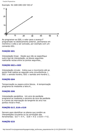 Funções Preparatórias
Exemplo: N1 G00 G90 X30 Y20 LF
Ao programar-se G00, o valor para o avanço F
programado no deslocamento anterior, permanece em
memória e volta a ser activado, por exemplo com um
comando G01.
FUNÇÃO G01
Interpolação linear. Desde que não se especifique
outro tipo de interpolação, os blocos seguintes
realizarão rectas entre os pontos seguintes.
FUNÇÃO G02 e G03
Interpolação circular. Indica que o movimento até ao
ponto final realiza-se segundo uma circunferência. (
G02 ⇒ sentido horário; G03 ⇒ sentido anti-horário ).
FUNÇÃO G04
Temporização ou espera entre blocos. A temporização
programa-se mediante a letra K.
FUNÇÃO G06
Interpolação parabólica. Um arco de parábola
programa-se mediante o extremo do arco da parábola
e o ponto da intercepção da tangente do arco nos
pontos inicial e final.
FUNÇÃO G17, G18 e G19
Servem para identificar os planos que contêm as
interpolações circulares ou as correcções das
ferramentas: G17 = X-Y, G18 = X-Z e G19 = Y-Z.
FUNÇÃO G33
http://server01/cnc/programacao/linguagem/codigo_iso/funcoes_preparatorias.htm (2 of 4) [29-06-2001 11:33:43]
 