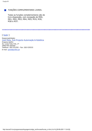 Função M
FUNÇÕES COMPLEMENTARES LIVRES.
Todas as funções complementares são de
livre disposição, com excepção de M00,
M01, M02, M03, M04, M05, M19, M30,
M36 e M37.
[ Subir ]
Responsabilidade:
José Mota, Sub Projecto Automação & Robótica
Projecto Delfim
Av. Luisa Tody 416, 1º
2900-455 Setúbal
Telefone: 265-231292 - Fax: 265-535533
E-mail: geral@profoc.pt
http://server01/cnc/programacao/linguagem/codigo_iso/funcoes/funcao_m.htm (4 of 4) [29-06-2001 11:34:20]
 