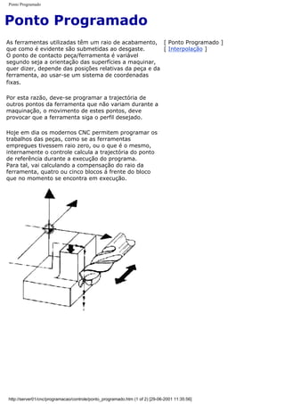 Ponto Programado
Ponto Programado
As ferramentas utilizadas têm um raio de acabamento,
que como é evidente são submetidas ao desgaste.
O ponto de contacto peça/ferramenta é variável
segundo seja a orientação das superfícies a maquinar,
quer dizer, depende das posições relativas da peça e da
ferramenta, ao usar-se um sistema de coordenadas
fixas.
Por esta razão, deve-se programar a trajectória de
outros pontos da ferramenta que não variam durante a
maquinação, o movimento de estes pontos, deve
provocar que a ferramenta siga o perfil desejado.
Hoje em dia os modernos CNC permitem programar os
trabalhos das peças, como se as ferramentas
empregues tivessem raio zero, ou o que é o mesmo,
internamente o controle calcula a trajectória do ponto
de referência durante a execução do programa.
Para tal, vai calculando a compensação do raio da
ferramenta, quatro ou cinco blocos á frente do bloco
que no momento se encontra em execução.
[ Ponto Programado ]
[ Interpolação ]
http://server01/cnc/programacao/controle/ponto_programado.htm (1 of 2) [29-06-2001 11:35:56]
 