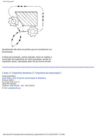 Ponto Programado
Geralmente são dois os pontos que se consideram na
ferramenta.
A título de exemplo, vamos estudar como se realiza a
correcção da trajectória em dois exemplos, sendo os
restantes casos, calculados pelo CN de forma similar.
[ Subir ] [ Trajectória Rectilínea ] [ Trajectória da maquinação ]
Responsabilidade:
José Mota, Sub Projecto Automação & Robótica
Projecto Delfim
Av. Luisa Tody 416, 1º
2900-455 Setúbal
Telefone: 265-231292 - Fax: 265-535533
E-mail: geral@profoc.pt
http://server01/cnc/programacao/controle/ponto_programado.htm (2 of 2) [29-06-2001 11:35:56]
 