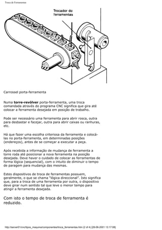 Troca de Ferramentas
Carrossel porta-ferramenta
Numa torre-revólver porta-ferramenta, uma troca
comandada através do programa CNC significa que gira até
colocar a ferramenta desejada em posição de trabalho.
Pode ser necessário uma ferramenta para abrir rosca, outra
para desbastar e facejar, outra para abrir caixas ou ranhuras,
etc.
Há que fazer uma escolha criteriosa da ferramenta e colocá-
las no porta-ferramenta, em determinadas posições
(endereços), antes de se começar a executar a peça.
Após recebida a informação de mudança de ferramenta a
torre roda até posicionar a nova ferramenta na posição
desejada. Deve haver o cuidado de colocar as ferramentas de
forma lógica (sequencial), com o intuito de diminuir o tempo
de paragem para mudança das mesmas.
Estes dispositivos de troca de ferramentas possuem,
geralmente, o que se chama “lógica direccional”. Isto significa
que, para a troca de uma ferramenta por outra, o dispositivo
deve girar num sentido tal que leve o menor tempo para
atingir a ferramenta desejada.
Com isto o tempo de troca de ferramenta é
reduzido.
http://server01/cnc/tipos_maquina/componentes/troca_ferramentas.htm (2 of 4) [28-06-2001 13:17:08]
 