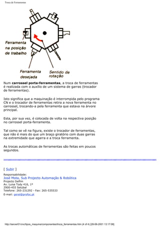 Troca de Ferramentas
Num carrossel porta-ferramentas, a troca de ferramentas
é realizada com o auxílio de um sistema de garras (trocador
de ferramentas).
Isto significa que a maquinação é interrompida pelo programa
CN e o trocador de ferramentas retira a nova ferramenta no
carrossel, trocando-a pela ferramenta que estava na árvore
principal.
Esta, por sua vez, é colocada de volta na respectiva posição
no carrossel porta-ferramenta.
Tal como se vê na figura, existe o trocador de ferramentas,
que não é mais do que um braço giratório com duas garras
na extremidade que agarra e a troca ferramenta.
As trocas automáticas de ferramentas são feitas em poucos
segundos.
[ Subir ]
Responsabilidade:
José Mota, Sub Projecto Automação & Robótica
Projecto Delfim
Av. Luisa Tody 416, 1º
2900-455 Setúbal
Telefone: 265-231292 - Fax: 265-535533
E-mail: geral@profoc.pt
http://server01/cnc/tipos_maquina/componentes/troca_ferramentas.htm (4 of 4) [28-06-2001 13:17:08]
 