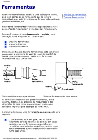 Ferramentas
Ferramentas
Falar sobre ferramentas, levaria a uma abordagem infinita,
pois é um campo de tal forma vasto que se tornaria
inesgotável, quer pela diversidade de formas, pela qualidade,
geometria de corte, etc.
Neste tema “ferramentas” vamos dar especial atenção aos
pontos “porta-ferramentas” e “medidas das ferramentas”.
De uma forma geral, uma ferramenta completa, para
utilização numa máquina CNC, consiste em:
um porta-ferramenta;
um porta-insertos;
um ou mais insertos.
O sistema de fixação do porta-ferramentas, está sempre de
acordo com a geometria do assento (cone de fixação) da
árvore principal da máquina, obedecendo ás normas
internacionais ISO, DIN ou VDI.
[ Medidas da Ferramenta ]
[ Tipos de Ferramentas ]
Sistema de ferramenta para fresar Sistema de ferramenta para tornear
As formas dos insertos e dos porta-ferramentas, e sua
escolha, dependem do processo de maquinação e das
dimensões da peça como se encontra em bruto e das
condições impostas pela obtenção da forma final.
A maneira de montar uma ferramenta completa pode ser a
seguinte:
O porta-inserto está, em geral, fixo no porta-
ferramenta através de pinças ou buchas. Em casos
especiais, ou seja ferramentas especialmente
concebidas para trabalhos específicos, acontece que
porta-ferramenta e porta-insertos estão concebidos
numa peça única.
http://server01/cnc/tipos_maquina/ferramentas.htm (1 of 3) [28-06-2001 13:20:37]
 