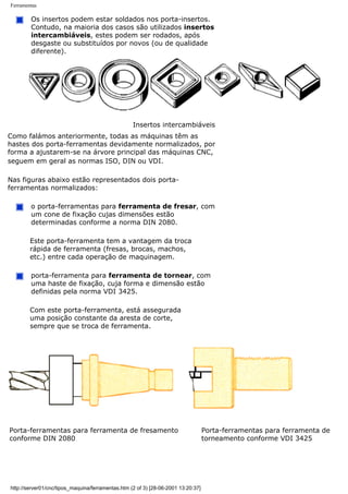 Ferramentas
Os insertos podem estar soldados nos porta-insertos.
Contudo, na maioria dos casos são utilizados insertos
intercambiáveis, estes podem ser rodados, após
desgaste ou substituídos por novos (ou de qualidade
diferente).
Insertos intercambiáveis
Como falámos anteriormente, todas as máquinas têm as
hastes dos porta-ferramentas devidamente normalizados, por
forma a ajustarem-se na árvore principal das máquinas CNC,
seguem em geral as normas ISO, DIN ou VDI.
Nas figuras abaixo estão representados dois porta-
ferramentas normalizados:
o porta-ferramentas para ferramenta de fresar, com
um cone de fixação cujas dimensões estão
determinadas conforme a norma DIN 2080.
Este porta-ferramenta tem a vantagem da troca
rápida de ferramenta (fresas, brocas, machos,
etc.) entre cada operação de maquinagem.
porta-ferramenta para ferramenta de tornear, com
uma haste de fixação, cuja forma e dimensão estão
definidas pela norma VDI 3425.
Com este porta-ferramenta, está assegurada
uma posição constante da aresta de corte,
sempre que se troca de ferramenta.
Porta-ferramentas para ferramenta de fresamento
conforme DIN 2080
Porta-ferramentas para ferramenta de
torneamento conforme VDI 3425
http://server01/cnc/tipos_maquina/ferramentas.htm (2 of 3) [28-06-2001 13:20:37]
 