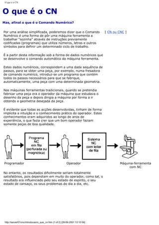 O que é o CN
O que é o CN
Mas, afinal o que é o Comando Numérico?
Por uma análise simplificada, poderemos dizer que o Comando
Numérico é uma forma de pôr uma máquina ferramenta a
trabalhar “sozinha” através de instruções previamente
codificadas (programas) que utiliza números, letras e outros
símbolos para definir um determinado ciclo de trabalho.
É a partir desta informação sob a forma de dados numéricos que
se desenvolve o comando automático da máquina ferramenta.
Estes dados numéricos, correspondem a uma dada sequência de
passos, para se obter uma peça, por exemplo, numa fresadora
de comando numérico, introduz-se um programa que contém
todos os passos necessários para que se fabrique,
automaticamente, uma peça com uma determinada geometria.
Nas máquinas ferramentas tradicionais, quando se pretendia
fabricar uma peça era o operador da máquina que estudava o
desenho da peça e depois dirigia a máquina por forma a ir
obtendo a geometria desejada da peça.
É evidente que todas as acções desenvolvidas, tinham de forma
implícita a intuição e o conhecimento prático do operador. Estes
conhecimentos eram adquiridos ao longo de anos de
experiência, o que fazia crer que um bom operador faziam
somente peças de boa qualidade.
[ CN ou CNC ]
Programador Operador Máquina-ferramenta
com NC
No entanto, os resultados dificilmente seriam totalmente
satisfatórios, pois dependiam em muito do operador, como tal, o
resultado era influenciado pelo seu estado de espírito, o seu
estado de cansaço, os seus problemas do dia a dia, etc.
http://server01/cnc/introducao/o_que_cn.htm (1 of 2) [28-06-2001 13:10:54]
 