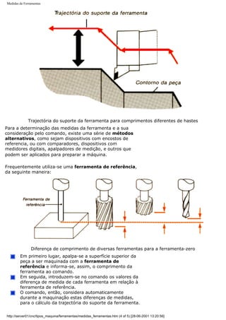 Medidas de Ferramentas
Trajectória do suporte da ferramenta para comprimentos diferentes de hastes
Para a determinação das medidas da ferramenta e a sua
consideração pelo comando, existe uma série de métodos
alternativos, como sejam dispositivos com encostos de
referencia, ou com comparadores, dispositivos com
medidores digitais, apalpadores de medição, e outros que
podem ser aplicados para preparar a máquina.
Frequentemente utiliza-se uma ferramenta de referência,
da seguinte maneira:
Diferença de comprimento de diversas ferramentas para a ferramenta-zero
Em primeiro lugar, apalpa-se a superfície superior da
peça a ser maquinada com a ferramenta de
referência e informa-se, assim, o comprimento da
ferramenta ao comando.
Em seguida, introduzem-se no comando os valores da
diferença de medida de cada ferramenta em relação à
ferramenta de referência.
O comando, então, considera automaticamente
durante a maquinação estas diferenças de medidas,
para o cálculo da trajectória do suporte da ferramenta.
http://server01/cnc/tipos_maquina/ferramentas/medidas_ferramentas.htm (4 of 5) [28-06-2001 13:20:56]
 