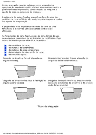 Ferramenta e Fluido
tornar-se os valores nelas indicados como uma primeira
aproximação, sendo necessário efectuar ajustamentos devido a
particularidades do processo, como a rigidez da máquina, o
aperto da peça e a existência de choques.
A existência de sulcos (quebra aparas), na face de saída das
pastilhas de corte múltiplo, são muito importantes para a quebra
das aparas na maquinação.
A propriedade mais importante da aresta de corte de uma
ferramenta é a sua vida útil nas diversas condições de
utilização.
As ferramentas de corte ficam, depois de certo tempo de uso,
desgastadas e necessitam de ser trocadas ou rectificadas. Esse
tempo de uso designa-se vida útil e dependerá:
da velocidade de corte;
do material da ferramenta;
do material da peça a maquinar;
da frequência da interrupção de corte;
da secção da apara.
Desgaste na área livre (leva à alteração do
ângulo de corte)
Desgaste tipo "erosão" (causa alteração do
ângulo de saída da ferramenta)
Desgaste da área de corte (leva à alteração do
ângulo quebra-cavaco)
Desgaste, arredondamento da aresta de corte
(desgaste simultâneo da área livre e da área de
corte da ferramenta)
Tipos de desgaste
http://server01/cnc/caracteris/factores/ferramenta_e_fluido.htm (3 of 4) [28-06-2001 13:25:45]
 