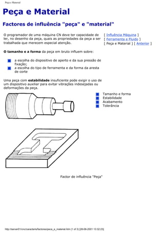 Peça e Material
Peça e Material
Factores de influência "peça" e "material"
O programador de uma máquina CN deve ter capacidade de
ler, no desenho da peça, quais as propriedades da peça a ser
trabalhada que merecem especial atenção.
O tamanho e a forma da peça em bruto influem sobre:
a escolha do dispositivo de aperto e da sua pressão de
fixação;
a escolha do tipo de ferramenta e da forma da aresta
de corte
Uma peça com estabilidade insuficiente pode exigir o uso de
um dispositivo auxiliar para evitar vibrações indesejadas ou
deformações da peça.
[ Influência Máquina ]
[ Ferramenta e Fluido ]
[ Peça e Material ] [ Anterior ]
Tamanho e forma
Estabilidade
Acabamento
Tolerância
Factor de influência "Peça"
http://server01/cnc/caracteris/factores/peca_e_material.htm (1 of 3) [28-06-2001 13:32:23]
 