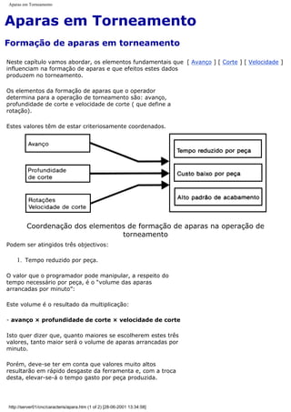 Aparas em Torneamento
Aparas em Torneamento
Formação de aparas em torneamento
Neste capítulo vamos abordar, os elementos fundamentais que
influenciam na formação de aparas e que efeitos estes dados
produzem no torneamento.
Os elementos da formação de aparas que o operador
determina para a operação de torneamento são: avanço,
profundidade de corte e velocidade de corte ( que define a
rotação).
Estes valores têm de estar criteriosamente coordenados.
[ Avanço ] [ Corte ] [ Velocidade ]
Coordenação dos elementos de formação de aparas na operação de
torneamento
Podem ser atingidos três objectivos:
1. Tempo reduzido por peça.
O valor que o programador pode manipular, a respeito do
tempo necessário por peça, é o “volume das aparas
arrancadas por minuto”:
Este volume é o resultado da multiplicação:
- avanço × profundidade de corte × velocidade de corte
Isto quer dizer que, quanto maiores se escolherem estes três
valores, tanto maior será o volume de aparas arrancadas por
minuto.
Porém, deve-se ter em conta que valores muito altos
resultarão em rápido desgaste da ferramenta e, com a troca
desta, elevar-se-á o tempo gasto por peça produzida.
http://server01/cnc/caracteris/apara.htm (1 of 2) [28-06-2001 13:34:58]
 