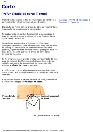 Corte
Corte
Profundidade de corte (Torno)
Profundidade de corte, indica a profundidade de penetração
da ferramenta verticalmente ao eixo de trabalho.
Ela resulta da forma como a aresta de corte da ferramenta se
movimenta na peça durante a maquinação.
No acabamento em sentido longitudinal, a profundidade é
igual ao comprimento da aresta de corta da ferramenta em
contacto com o material.
No desbaste a profundidade depende do número de
passagens necessárias para a execução da maquinação. Para
se conseguir um desgaste da ferramenta mais uniforme
possível, a profundidade de corte de cada passagem deve ser
dada de tal maneira que toda a aresta de corte esteja
arrancando material.
Se foi programado um grande avanço na maquinação de uma
peça de material de difícil maquinabilidade, deve-se tomar
cuidado na escolha da profundidade de corte, para não
solicitar potência de corte exagerada.
A potência de corte provém do accionamento da árvore de
corte, quanto maior a potência de corte, tanto mais calor será
libertado.
A escolha do avanço e da profundidade de corte, determinam
o tamanho da secção transversal da apara.
[ Avanço ] [ Corte ] [ Velocidade ]
[ Anterior ] [ Seguinte ]
Secção transversal da apara
http://server01/cnc/caracteris/factores/apara_torneamento/corte.htm (1 of 2) [28-06-2001 13:54:20]
 