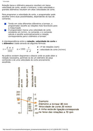 Velocidade
Rotação baixa e diâmetro pequeno resultam em baixa
velocidade de corte, sendo o contrario, a alta velocidade e
grandes diâmetros resultam em altas velocidades de corte.
Para programar a velocidade de corte, o programador pode
escolher entre duas possibilidades, dependendo do tipo de
comando:
Tendo em vista diferentes diâmetros a tornear, o
programador escolhe as rotações mais favoráveis para
a maquinação
O programador marca uma velocidade de corte
constante em m/min, no comando, e o comando
calcula e escolhe automaticamente a rotação
correspondente para o diâmetro a tornear.
A interdependência entre a rotação, velocidade de corte e
o diâmetro é dada através da seguinte fórmula:
n : nº de rotações (rpm)
v : velocidade de corte (m/min)
d
Na prática existem diagramas e ábacos onde se pode obter a
rotação necessária, partindo-se de um diâmetro de peça
conhecido e de uma velocidade de corte previamente
escolhida.
http://server01/cnc/caracteris/factores/apara_torneamento/velocidade.htm (2 of 3) [28-06-2001 13:54:33]
 