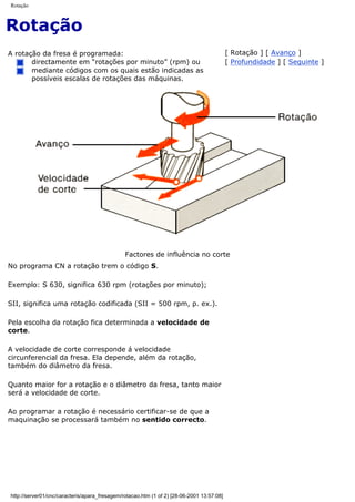 Rotação
Rotação
A rotação da fresa é programada:
directamente em “rotações por minuto” (rpm) ou
mediante códigos com os quais estão indicadas as
possíveis escalas de rotações das máquinas.
[ Rotação ] [ Avanço ]
[ Profundidade ] [ Seguinte ]
Factores de influência no corte
No programa CN a rotação trem o código S.
Exemplo: S 630, significa 630 rpm (rotações por minuto);
SII, significa uma rotação codificada (SII = 500 rpm, p. ex.).
Pela escolha da rotação fica determinada a velocidade de
corte.
A velocidade de corte corresponde á velocidade
circunferencial da fresa. Ela depende, além da rotação,
também do diâmetro da fresa.
Quanto maior for a rotação e o diâmetro da fresa, tanto maior
será a velocidade de corte.
Ao programar a rotação é necessário certificar-se de que a
maquinação se processará também no sentido correcto.
http://server01/cnc/caracteris/apara_fresagem/rotacao.htm (1 of 2) [28-06-2001 13:57:08]
 