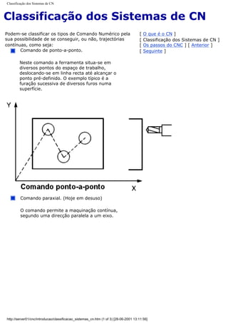 Classificação dos Sistemas de CN
Classificação dos Sistemas de CN
Podem-se classificar os tipos de Comando Numérico pela
sua possibilidade de se conseguir, ou não, trajectórias
contínuas, como seja:
Comando de ponto-a-ponto.
Neste comando a ferramenta situa-se em
diversos pontos do espaço de trabalho,
deslocando-se em linha recta até alcançar o
ponto pré-definido. O exemplo típico é a
furação sucessiva de diversos furos numa
superfície.
[ O que é o CN ]
[ Classificação dos Sistemas de CN ]
[ Os passos do CNC ] [ Anterior ]
[ Seguinte ]
Comando paraxial. (Hoje em desuso)
O comando permite a maquinação contínua,
segundo uma direcção paralela a um eixo.
http://server01/cnc/introducao/classificacao_sistemas_cn.htm (1 of 3) [28-06-2001 13:11:56]
 