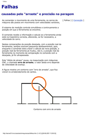 Falhas
Falhas
causadas pelo "arraste" e precisão na paragem
Ao comandar o movimento de uma ferramenta, os carros da
máquina são postos em movimento com velocidades variáveis,
O sistema de medição controla simultânea e continuamente a
posição em que a ferramenta se encontra.
O comando recebe a informação e calcula se a ferramenta ainda
está na trajectória correcta, alterando, se for necessário, a
velocidade do carro.
Nestas comparações da posição desejada, com a posição real da
ferramenta, sempre ocorrem pequenos desfasamentos, pois,
enquanto o comando está a fazer o cálculo da nova posição, a
posição real da ferramenta já mudou, isto é, a posição real da
ferramenta no momento da comparação no comando com a
desejada, já foi ultrapassada.
Este “efeito de atraso” causa, na maquinação com máquinas
CNC, o chamado erro de arraste; o valor deste erro depende
da velocidade de avanço.
A figura mostra um contorno com “erro de arraste”, que fica
visível no arredondamento de cantos.
[ Falhas ] [ Correcção ]
Contorno com erro de arraste
http://server01/cnc/caracteris/maquinacao/falhas.htm (1 of 3) [28-06-2001 13:58:32]
 