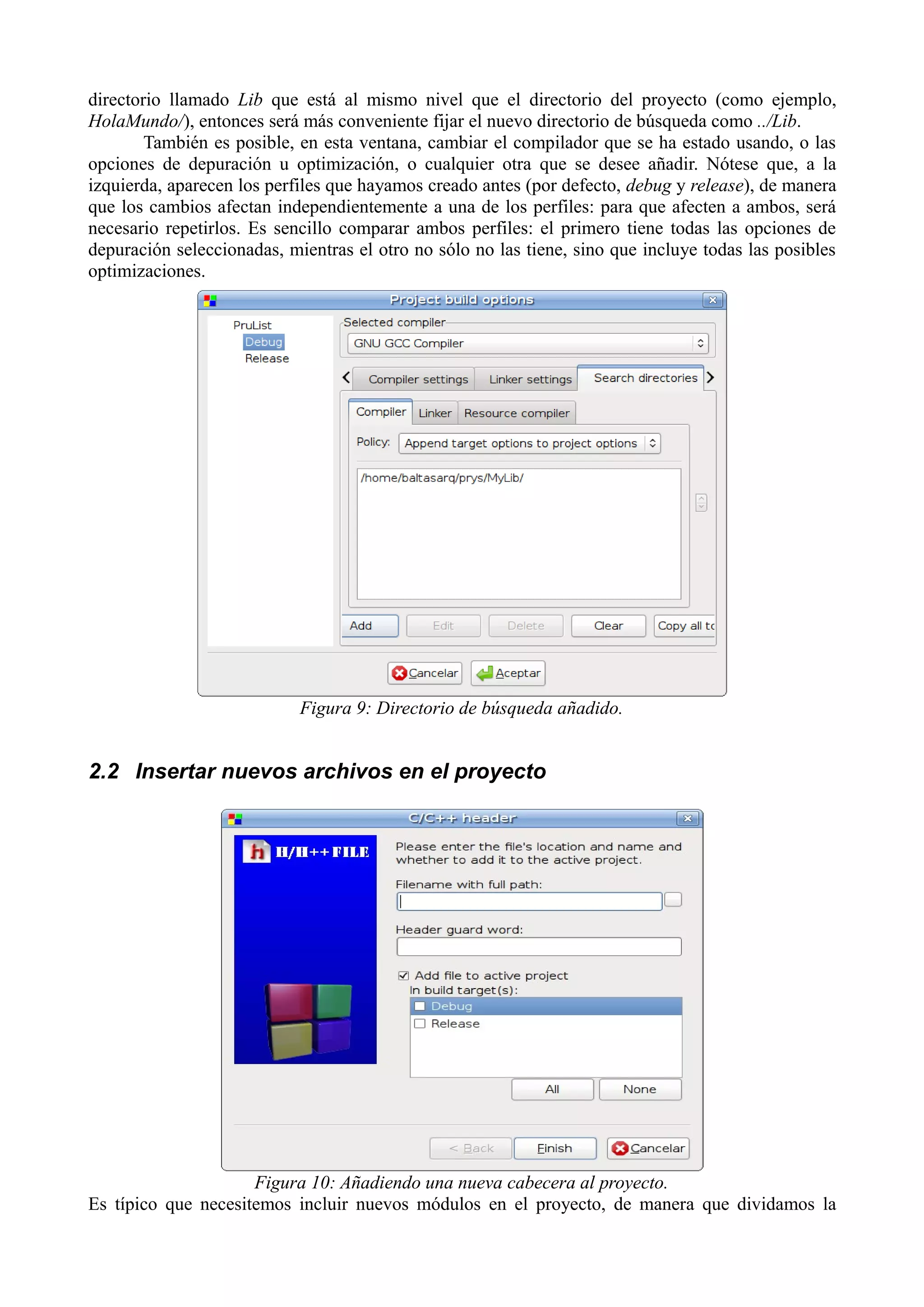 directorio llamado Lib que está al mismo nivel que el directorio del proyecto (como ejemplo,
HolaMundo/), entonces será más conveniente fijar el nuevo directorio de búsqueda como ../Lib.
También es posible, en esta ventana, cambiar el compilador que se ha estado usando, o las
opciones de depuración u optimización, o cualquier otra que se desee añadir. Nótese que, a la
izquierda, aparecen los perfiles que hayamos creado antes (por defecto, debug y release), de manera
que los cambios afectan independientemente a una de los perfiles: para que afecten a ambos, será
necesario repetirlos. Es sencillo comparar ambos perfiles: el primero tiene todas las opciones de
depuración seleccionadas, mientras el otro no sólo no las tiene, sino que incluye todas las posibles
optimizaciones.

Figura 9: Directorio de búsqueda añadido.

2.2 Insertar nuevos archivos en el proyecto

Figura 10: Añadiendo una nueva cabecera al proyecto.
Es típico que necesitemos incluir nuevos módulos en el proyecto, de manera que dividamos la

 