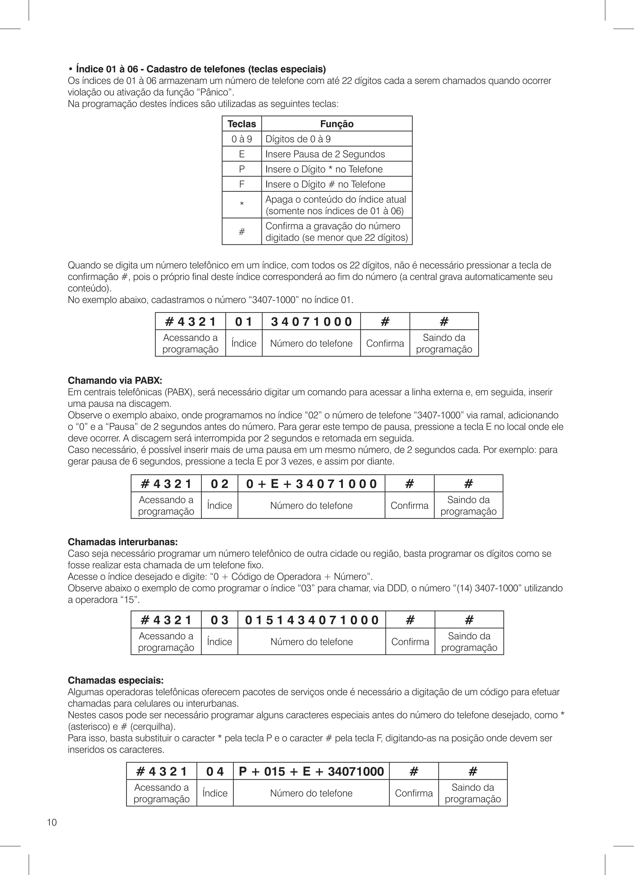 • Índice 01 à 06 - Cadastro de telefones (teclas especiais)
     Os índices de 01 à 06 armazenam um número de telefone com até 22 dígitos cada a serem chamados quando ocorrer
     violação ou ativação da função “Pânico”.
     Na programação destes índices são utilizadas as seguintes teclas:

                                           Teclas                   Função
                                              0à9      Dígitos de 0 à 9
                                               E       Insere Pausa de 2 Segundos
                                               P       Insere o Dígito * no Telefone
                                               F       Insere o Dígito # no Telefone
                                                       Apaga o conteúdo do índice atual
                                               *
                                                       (somente nos índices de 01 à 06)
                                                       Confirma a gravação do número
                                               #
                                                       digitado (se menor que 22 dígitos)

     Quando se digita um número telefônico em um índice, com todos os 22 dígitos, não é necessário pressionar a tecla de
     confirmação #, pois o próprio final deste índice corresponderá ao fim do número (a central grava automaticamente seu
     conteúdo).
     No exemplo abaixo, cadastramos o número “3407-1000” no índice 01.

                            #4321              01       34071000                   #              #
                            Acessando a                                                        Saindo da
                                              Índice    Número do telefone     Confirma
                            programação                                                       programação


     Chamando via PABX:
     Em centrais telefônicas (PABX), será necessário digitar um comando para acessar a linha externa e, em seguida, inserir
     uma pausa na discagem.
     Observe o exemplo abaixo, onde programamos no índice “02” o número de telefone “3407-1000” via ramal, adicionando
     o “0” e a “Pausa” de 2 segundos antes do número. Para gerar este tempo de pausa, pressione a tecla E no local onde ele
     deve ocorrer. A discagem será interrompida por 2 segundos e retomada em seguida.
     Caso necessário, é possível inserir mais de uma pausa em um mesmo número, de 2 segundos cada. Por exemplo: para
     gerar pausa de 6 segundos, pressione a tecla E por 3 vezes, e assim por diante.

                      #4321            02          0+E+34071000                           #            #
                      Acessando a                                                                  Saindo da
                                      Índice            Número do telefone             Confirma
                      programação                                                                 programação


     Chamadas interurbanas:
     Caso seja necessário programar um número telefônico de outra cidade ou região, basta programar os dígitos como se
     fosse realizar esta chamada de um telefone fixo.
     Acesse o índice desejado e digite: “0 + Código de Operadora + Número”.
     Observe abaixo o exemplo de como programar o índice “03” para chamar, via DDD, o número “(14) 3407-1000” utilizando
     a operadora “15”.

                      #4321            03          0151434071000                          #            #
                      Acessando a                                                                  Saindo da
                                      Índice            Número do telefone             Confirma
                      programação                                                                 programação


     Chamadas especiais:
     Algumas operadoras telefônicas oferecem pacotes de serviços onde é necessário a digitação de um código para efetuar
     chamadas para celulares ou interurbanas.
     Nestes casos pode ser necessário programar alguns caracteres especiais antes do número do telefone desejado, como *
     (asterisco) e # (cerquilha).
     Para isso, basta substituir o caracter * pela tecla P e o caracter # pela tecla F, digitando-as na posição onde devem ser
     inseridos os caracteres.

                     #4321            04       P + 015 + E + 34071000                       #           #
                     Acessando a                                                                    Saindo da
                                     Índice             Número do telefone             Confirma
                     programação                                                                   programação

10
 