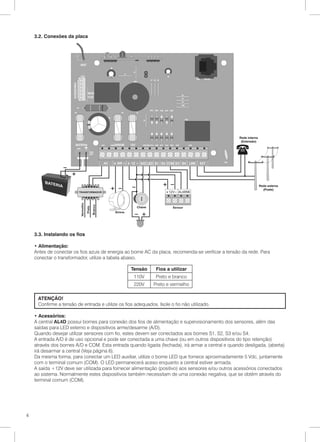 3.2. Conexões da placa




    3.3. Instalando os fios

    • Alimentação:
    Antes de conectar os fios azuis de energia ao borne AC da placa, recomenda-se verificar a tensão da rede. Para
    conectar o transformador, utilize a tabela abaixo.

                                                  Tensão      Fios a utilizar
                                                   110V       Preto e branco
                                                   220V      Preto e vermelho

     ATENÇÃO!
     Confirme a tensão de entrada e utilize os fios adequados. Isole o fio não utilizado.

    • Acessórios:
    A central AL4D possui bornes para conexão dos fios de alimentação e supervisionamento dos sensores, além das
    saídas para LED externo e dispositivos arme/desarme (A/D).
    Quando desejar utilizar sensores com fio, estes devem ser conectados aos bornes S1, S2, S3 e/ou S4.
    A entrada A/D é de uso opcional e pode ser conectada a uma chave (ou em outros dispositivos do tipo retenção)
    através dos bornes A/D e COM. Esta entrada quando ligada (fechada), irá armar a central e quando desligada, (aberta)
    irá desarmar a central (Veja página 6).
    Da mesma forma, para conectar um LED auxiliar, utilize o borne LED que fornece aproximadamente 5 Vdc, juntamente
    com o terminal comum (COM). O LED permanecerá aceso enquanto a central estiver armada.
    A saída +12V deve ser utilizada para fornecer alimentação (positivo) aos sensores e/ou outros acessórios conectados
    ao sistema. Normalmente estes dispositivos também necessitam de uma conexão negativa, que se obtém através do
    terminal comum (COM).




4
 