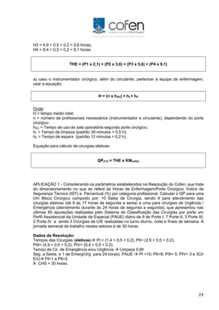 24
H3 = 4,9 + 0,5 + 0,2 = 5,6 horas;
H4 = 8,4 + 0,5 + 0,2 = 9,1 horas.
THE = (P1 x 2,1) + (P2 x 3,6) + (P3 x 5,6) + (P4 x 9,1)
a) caso o instrumentador cirúrgico, além do circulante, pertencer à equipe de enfermagem,
usar a equação:
H = (n x hSO) + hL+ hE
Onde:
H = tempo médio total;
n = número de profissionais necessários (instrumentador e circulante), dependendo do porte
cirúrgico.
hSO = Tempo de uso de sala operatória segundo porte cirúrgico;
hL = Tempo de limpeza (padrão 30 minutos = 0,5 h);
hE = Tempo de espera (padrão 12 minutos = 0,2 h);
Equação para cálculo de cirurgias eletivas:
QP(CC) = THE x KM(UAD)
APLICAÇÃO 1 - Considerando os parâmetros estabelecidos na Resolução do Cofen, que trata
do dimensionamento no que se refere às Horas de Enfermagem/Porte Cirúrgico; Índice de
Segurança Técnico (IST) e Percentual (%) por categoria profissional. Calcular o QP para uma
Um Bloco Cirúrgico composto por: 10 Salas de Cirurgia, sendo 9 para atendimento das
cirurgias eletivas (de 8 às 17 horas de segunda a sexta) e uma para cirurgias de Urgência /
Emergência (atendimento durante às 24 horas de segunda a segunda), que apresentou nas
últimas 60 apurações realizadas pelo Sistema de Classificação das Cirurgias por porte um
Perfil Assistencial da Unidade de Especial (PAUE) diário de 9 de Porte I; 7 Porte II; 3 Porte III;
2 Porte IV e ainda 3 Cirurgias de U/E realizadas no turno diurno, noite e finais de semana. A
jornada semanal de trabalho nestes setores é de 30 horas.
Dados da Resolução:
Tempos das Cirurgias (eletivas) PI = (1,4 + 0,5 + 0,2); PII= (2,9 + 0,5 + 0,2);
PIII= (4,9 + 0,5 + 0,2); PIV= (8,4 + 0,5 + 0,2)
Tempo de Cir. de Emergência e/ou Urgência  Limpeza 0,6h
Seg. a Sexta, e 1 de Emerg/Urg. para 24 horas); PAUE  PI =10; PII=8; PIII= 5; PIV= 3 e 3Cir
E/U PI=1 e PII=2
A CHS = 30 horas.
 