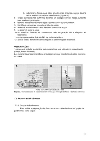 b. submergir o frasco, para obter amostra mais profunda, não se deverá
retirar amostra da camada superficial da (Figura 2b).
5- coletar a amostra (100 a 200 ml), deixando um espaço dentro do frasco, suficiente
para sua homogeneização;
6- fechar o frasco imediatamente após a coleta fixando o papel protetor;
7- identifique a amostra e preencha a ficha de coleta;
8- acomode as amostras na caixa de coleta ou caixa de isopor;
9- se possível, lacrar a caixa;
10- as amostras deverão ser conservadas sob refrigeração até a chegada ao
laboratório;
11- o prazo para análise é de até 24h, de preferência 8h; e
12- após a coleta, tomar outra amostra para as determinações de campo.
OBSERVAÇÕES:
1. dever-se-á embalar e esterilizar todo material que será utilizado no procedimento
(tampa, frasco e cordão);
2. o material deverá ser mantido na embalagem em que foi esterilizado até o momento
da coleta.
Fonte: Manual Ministério da Saúde, 1999.
Figura 2. Técnica de coleta de poços rasos sem bomba; (A) introdução do frasco e (B) frasco submerso.
7.2. Análises Físico-Químicas
7.2.1. Grupos de Parâmetros:
Para facilitar a preparação dos frascos e a sua coleta dividimos em grupos de
parâmetros, como segue:
18
 