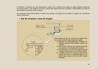 Os detalhes construtivos que são apesentados a seguir foram extraídos dos projetos de alguns galpões atualmente
em funcionamento. São detalhes que foram criados pelo desenvolvimento da prática e selecionados com base na
observação da atividade nestas unidades.

Sua execução certamente facilitará o trabalho das pessoas envolvidas nas atividades do galpão sem acrescentar
custos significativos.

   • Silo de recepção e mesa de triagem




                                                         Este desenho do silo de entrada dos materiais tem
                                                         se mostrado eficiente pelas seguintes razões:
                                                               facilidade de descarregamento (podendo ser
                                                               utilizada pequena talha elétrica quando ne-
                                                               cessária)
                                                               permite bom acúmulo de material (importante
                                                               para garantir a continuidade do trabalho)
                                                               sua colocação no nível da bancada torna fácil
                                                               o acesso dos triadores com o mínimo esforço
                                                               o detalhe do tubo sob a mesa se destina à co-
                                                               locação de sacos ou recipientes para os ma-
                                                               teriais menos usuais em local de fácil acesso
                                                               ao triador.



                                                                                                               38
 