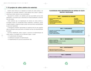 Apostila Coleta Seletiva2.qxd   20.11.03   19:32   Page 38




     7. O projeto de coleta seletiva de materiais                                                                                                 Coleta Seletiva e Reciclagem de Excedentes Industriais


        Existem várias formas de se implantar um sistema de coleta seletiva e de          FLUXOGRAMA PARA IMPLEMENTAÇÃO DO SISTEMA DE COLETA
     reciclagem de excedentes industriais. Cada empresa deve avaliar e adotar o                         SELETIVA E RECICLAGEM
     sistema que melhor atenda às suas necessidades.
        Seja qual for o modelo a ser adotado, para que seja obtido sucesso nesta
                                                                                                                   FASE 1 – DIAGNÓSTICO DA SITUAÇÃO
     empreitada, é necessário que se desenvolva um estudo detalhando as diversas
                                                                                      -   Tipos de excedentes sólidos gerados                                      -   Quantidade
     fases do projeto.                                                                -   Freqüência                                                               -   Classificação
                                                                                      -   Locais ou pontos de geração                                              -   Tipo de coleta efetuada
        Cabe salientar que, na implantação do sistema de coleta seletiva e            -   Armazenamento interno ou externo                                         -   Transporte interno ou externo
     reciclagem, devem ser considerados fatores ambientais, econômicos, sociais       -   Tratamentos aplicados aos excedentes                                     -   Disposição final
                                                                                      -   Custos envolvidos                                                        -   Qualidade dos serviços
     e aqueles ligados a exigências legais, pontos estes que darão sustentabilidade
     ao processo implantado.
        O fluxograma orientativo apresentado na seqüência trata de uma sugestão
                                                                                                                          FASE 2 – PLANEJAMENTO
     sobre as principais ações que devem ser tomadas nas fases de desenvolvimento
                                                                                      - Comparativo com requisitos legais ou normativos                    - Avaliação da quantidade e freqüência
     do projeto.                                                                      - Avaliação do mercado                                               - Avaliação de prestador de serviço
        De forma simplificada, pode-se separar o processo de implementação da         - Informações sobre parceiros                                        - Consulta a representação do setor
                                                                                      - Consulta a institutos de pesquisa
     coleta seletiva e reciclagem em três diferentes etapas, a saber:
        • O conhecimento da situação;
        • A definição do projeto de implementação;
        • A implementação do processo propriamente dita.                                                                  FASE 3 – IMPLEMENTAÇÃO
                                                                                      -   Definição da metodologia
                                                                                      -   Definição do objetivo, metas e prazos do projeto
                                                                                      -   Definição do responsável
                                                                                      -   Avaliação do custo de implementação




                                                                                                                         FASE 4 – MONITORAMENTO

                                                                                      - Elaboração de documentos de controle
                                                                                      - Elaboração de relatórios de acompanhamento




                                                                                                                             FASE 5 – MARKETING

                                                                                      - Definição da estratégia de marketing




                                                   38                                                                                        39
 