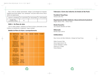 Apostila Coleta Seletiva2.qxd                20.11.03        19:32    Page 90




                                                                                                                                                             Coleta Seletiva e Reciclagem de Excedentes Industriais


       Para o item de controle apresentado, indique a porcentagem de respostas                                         Federação e Centro das Indústrias do Estado de São Paulo
     negativas que foram obtidas. Essa "pontuação" será para indicar áreas críticas
     dentro da organização.                                                                                            Presidente Fiesp/Ciesp
                                                                                                                       Horácio Lafer Piva
        ITEM DE CONTROLE                        Nª QUESTÕES                Nª NEGATIVAS                % CRITICIDADE
           Gestão dos                                                                                                  Departamento de Meio Ambiente e Desenvolvimento Sustentável
        excedentes sólidos                                 42
                                                                                                                       Ângelo Albiero Filho – Diretor Titular

        FASE 6 – Do Plano de Ação
                                                                                                                       Diretor-Executivo
        Com os dados obtidos, estabeleça um Plano de Ação, priorizando os itens                                        José Eduardo Bandeira de Mello
     relativos ao atendimento à legislação. Segue exemplo:
                                                                                                                       Elaboração
        Modelo de Plano de Ação e acompanhamento
                                                                                                                       Ricardo Lopes Garcia
            Item     Rápida Descrição               Ação            Resp    Data Início   Data Final     % atendida
                                                                                                                       Colaboradores
                      A unidade emite
                     relatórios internos        Estabelecer
                       mensais sobre             Instrução
                         geração de            Operacional.                                                            Área Técnica de Meio Ambiente e Design da Fiesp/Ciesp
                         excedentes?

                   O levantamento anual
                      contém fluxo de
                                                                                                                       Nilton Fornasari Filho
                    geração de resíduo,          Necessário                                                            Anícia Aparecida B. Pio
                       avaliando cada             atualizar
                   elemento do processo,         o inventário                                                          Luciano Rodrigues Coelho
                    desde a sua geração
                   até a destinação final?                                                                             Andreza M. Araújo
                       Este inventário
                                                                                                                       Vívian Baltazar
                                                   Incluir no
                        contém: (vide
                                                  inventário
                     protocolo auditoria
                                                   os dados
                     interna Guarulhos
                                                  solicitados
                           - 1999)

                      Este inventário é de
                                                  Atualizar
                     fácil compreensão e
                                                  inventário
                   é atualizado anualmente?

                     Todos os colegas que
                   manuseiam excedentes
                     estão treinados e são       Atualizar lista
                    verificados os cuidados        mestra de
                        com excedentes           treinamento e
                   potencialmente perigosos    treinar os colegas
                        para a saúde e
                       o meio ambiente?




                                                                     90                                                                                 91
 