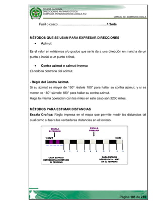 POLICIA NACIONAL
DIRECCION DE ANTINARCOTICOS
COMPAÑÍA ANTINARCOTICOS JUNGLA R-2
MANUAL DEL COMANDO JUNGLA
Página 101 de 216
Fusil o casco………………………………………..1/2mts
MÉTODOS QUE SE USAN PARA EXPRESAR DIRECCIONES
Azimut
Es el valor en milésimas y/o grados que se le da a una dirección en marcha de un
punto a inicial a un punto b final.
Contra azimut o azimut inversa
Es todo lo contrario del acimut.
- Regla del Contra Azimut.
Si su azimut es mayor de 180° réstele 180° para hallar su contra azimut, y si es
menor de 180° súmele 180° para hallar su contra azimut.
Haga la misma operación con los miles en este caso son 3200 miles.
MÉTODOS PARA ESTIMAR DISTANCIAS
Escala Grafica: Regla impresa en el mapa que permite medir las distancias tal
cual como si fuera las verdaderas distancias en el terreno.
 
