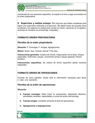 POLICIA NACIONAL
DIRECCION DE ANTINARCOTICOS
COMPAÑÍA ANTINARCOTICOS JUNGLA R-2
MANUAL DEL COMANDO JUNGLA
Página 11 de 216
coordinada de una operación específica, se expide a la hora y lugar enunciados en
la orden preparatoria.
8. Supervisar y realizar ensayo: Son técnicas que deben emplearse para
lograr una supervisión enfocada a la ejecución. Se deben hacer de acuerdo como
se planeó y se organizó la unidad para cumplir la misión, (acciones en el objetivo,
acciones en contacto con el enemigo, maquetas).
FORMATO ORDEN PREPARATORIA
Párrafos de la orden preparatoria:
Situación: F. Enemigas, F. Amigas, Agregaciones
Misión: Quien, Que, Cuando, Donde Y Por Que.
Instrucciones generales: Cadena de mando, Organización de la tarea, Grupos
especiales, Uniformes y equipo, municiones armas y equipo especial, Horario
tentativo.
Instrucciones específicas: Se ordena de forma específica dando misiones
especiales.
FORMATO ORDEN DE OPERACIONES
Formato de cinco párrafos, donde está la información necesaria, para llevar
a cabo una operación.
Párrafos de la orden de operaciones:
Situación:
a. Fuerzas enemigas: Debe incluir la composición, disposición efectivos,
actividades recientes, capacidades y cursos de acción del enemigo.
b. Fuerzas amigas: Unidades cercanas al área de operaciones.
c. Agregaciones y segregaciones:
 