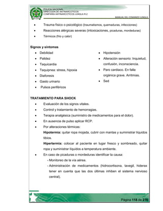 POLICIA NACIONAL
DIRECCION DE ANTINARCOTICOS
COMPAÑÍA ANTINARCOTICOS JUNGLA R-2
MANUAL DEL COMANDO JUNGLA
Página 118 de 216
Trauma físico o psicológico (traumatismos, quemaduras, infecciones)
Reacciones alérgicas severas (intoxicaciones, picaduras, mordeduras)
Térmicos (frio y calor)
Signos y síntomas
Debilidad
Palidez
Taquicardia
Taquipnea: stress, hipoxia
Diaforesis
Gasto urinario
Pulsos periféricos
Hipotensión
Alteración sensorio: Inquietud,
confusión, inconsciencia.
Paro cardiaco. En falla
orgánica grave. Arritmias.
Sed
TRATAMIENTO PARA SHOCK
Evaluación de los signos vitales.
Control y tratamiento de hemorragias.
Terapia analgésica (suministro de medicamentos para el dolor).
En ausencia de pulso aplicar RCP.
Por alteraciones térmicas:
Hipotermia: quitar ropa mojada, cubrir con mantas y suministrar líquidos
tibios.
Hipertermia: colocar al paciente en lugar fresco y sombreado, quitar
ropa y suministrar líquidos a temperatura ambiente.
En caso de picaduras o mordeduras identificar la causa:
- Monitoreo de la vía aérea.
- Administración de medicamentos (hidrocortisona, tavegil, hiderax
tener en cuenta que las dos últimas inhiben el sistema nervioso
central).
 