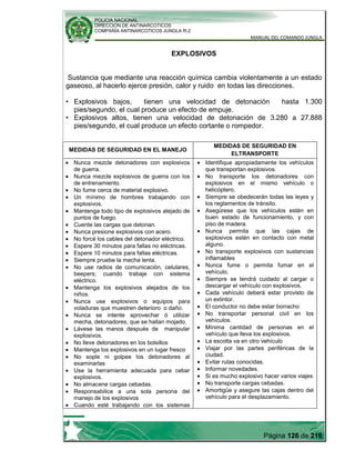 POLICIA NACIONAL
DIRECCION DE ANTINARCOTICOS
COMPAÑÍA ANTINARCOTICOS JUNGLA R-2
MANUAL DEL COMANDO JUNGLA
Página 126 de 216
EXPLOSIVOS
Sustancia que mediante una reacción química cambia violentamente a un estado
gaseoso, al hacerlo ejerce presión, calor y ruido en todas las direcciones.
• Explosivos bajos, tienen una velocidad de detonación hasta 1.300
pies/segundo, el cual produce un efecto de empuje.
• Explosivos altos, tienen una velocidad de detonación de 3.280 a 27.888
pies/segundo, el cual produce un efecto cortante o rompedor.
MEDIDAS DE SEGURIDAD EN EL MANEJO
MEDIDAS DE SEGURIDAD EN
ELTRANSPORTE
Nunca mezcle detonadores con explosivos
de guerra.
Nunca mezcle explosivos de guerra con los
de entrenamiento.
No fume cerca de material explosivo.
Un mínimo de hombres trabajando con
explosivos.
Mantenga todo tipo de explosivos alejado de
puntos de fuego.
Cuente las cargas que detonan.
Nunca presione explosivos con acero.
No forcé los cables del detonador eléctrico.
Espere 30 minutos para fallas no eléctricas.
Espere 10 minutos para fallas eléctricas.
Siempre pruebe la mecha lenta.
No use radios de comunicación, celulares,
beepers; cuando trabaje con sistema
eléctrico.
Mantenga los explosivos alejados de los
niños.
Nunca use explosivos o equipos para
voladuras que muestren deterioro o daño.
Nunca se intente aprovechar ó utilizar
mecha, detonadores, que se hallan mojado.
Lávese las manos después de manipular
explosivos.
No lleve detonadores en los bolsillos
Mantenga los explosivos en un lugar fresco
No sople ni golpee los detonadores al
examinarlas
Use la herramienta adecuada para cebar
explosivos.
No almacene cargas cebadas.
Responsabilice a una sola persona del
manejo de los explosivos
Cuando esté trabajando con los sistemas
Identifique apropiadamente los vehículos
que transportan explosivos.
No transporte los detonadores con
explosivos en el mismo vehículo o
helicóptero.
Siempre se obedecerán todas las leyes y
los reglamentos de tránsito.
Asegúrese que los vehículos estén en
buen estado de funcionamiento, y con
piso de madera.
Nunca permita que las cajas de
explosivos estén en contacto con metal
alguno.
No transporte explosivos con sustancias
inflamables
Nunca fume o permita fumar en el
vehículo.
Siempre se tendrá cuidado al cargar o
descargar el vehículo con explosivos.
Cada vehículo deberá estar provisto de
un extintor.
El conductor no debe estar borracho
No transportar personal civil en los
vehículos.
Mínima cantidad de personas en el
vehículo que lleva los explosivos.
La escolta va en otro vehículo
Viajar por las partes periféricas de la
ciudad.
Evitar rutas conocidas.
Informar novedades.
Si es mucho explosivo hacer varios viajes
No transporte cargas cebadas.
Amortigüe y asegure las cajas dentro del
vehículo para el desplazamiento.
 