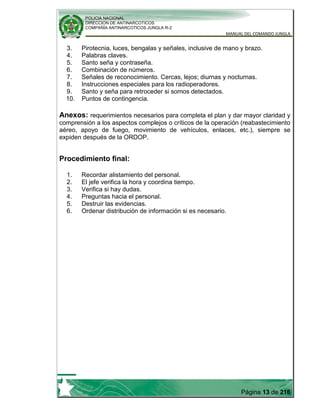 POLICIA NACIONAL
DIRECCION DE ANTINARCOTICOS
COMPAÑÍA ANTINARCOTICOS JUNGLA R-2
MANUAL DEL COMANDO JUNGLA
Página 13 de 216
3. Pirotecnia, luces, bengalas y señales, inclusive de mano y brazo.
4. Palabras claves.
5. Santo seña y contraseña.
6. Combinación de números.
7. Señales de reconocimiento. Cercas, lejos; diurnas y nocturnas.
8. Instrucciones especiales para los radioperadores.
9. Santo y seña para retroceder si somos detectados.
10. Puntos de contingencia.
Anexos: requerimientos necesarios para completa el plan y dar mayor claridad y
comprensión a los aspectos complejos o críticos de la operación (reabastecimiento
aéreo, apoyo de fuego, movimiento de vehículos, enlaces, etc.), siempre se
expiden después de la ORDOP.
Procedimiento final:
1. Recordar alistamiento del personal.
2. El jefe verifica la hora y coordina tiempo.
3. Verifica si hay dudas.
4. Preguntas hacia el personal.
5. Destruir las evidencias.
6. Ordenar distribución de información si es necesario.
 