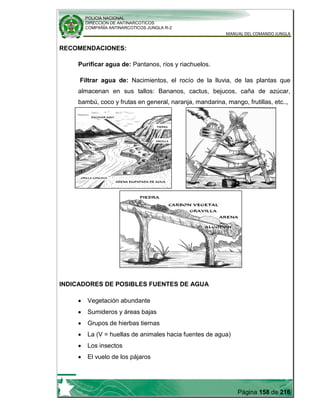 POLICIA NACIONAL
DIRECCION DE ANTINARCOTICOS
COMPAÑÍA ANTINARCOTICOS JUNGLA R-2
MANUAL DEL COMANDO JUNGLA
Página 158 de 216
RECOMENDACIONES:
Purificar agua de: Pantanos, ríos y riachuelos.
Filtrar agua de: Nacimientos, el rocío de la lluvia, de las plantas que
almacenan en sus tallos: Bananos, cactus, bejucos, caña de azúcar,
bambú, coco y frutas en general, naranja, mandarina, mango, frutillas, etc..,
INDICADORES DE POSIBLES FUENTES DE AGUA
Vegetación abundante
Sumideros y áreas bajas
Grupos de hierbas tiernas
La (V = huellas de animales hacia fuentes de agua)
Los insectos
El vuelo de los pájaros
 