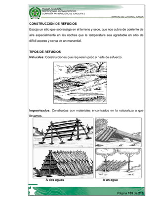 POLICIA NACIONAL
DIRECCION DE ANTINARCOTICOS
COMPAÑÍA ANTINARCOTICOS JUNGLA R-2
MANUAL DEL COMANDO JUNGLA
Página 165 de 216
CONSTRUCCION DE REFUGIOS
Escoja un sitio que sobresalga en el terreno y seco, que nos cubra de corriente de
aire especialmente en las noches que la temperatura sea agradable en sitio de
difícil acceso y cerca de un manantial.
TIPOS DE REFUGIOS
Naturales: Construcciones que requieren poco o nada de esfuerzo.
Improvisados: Construidos con materiales encontrados en la naturaleza o que
llevamos.
A dos aguas A un agua
 