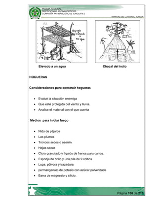 POLICIA NACIONAL
DIRECCION DE ANTINARCOTICOS
COMPAÑÍA ANTINARCOTICOS JUNGLA R-2
MANUAL DEL COMANDO JUNGLA
Página 166 de 216
Elevado a un agua Chacal del indio
HOGUERAS
Consideraciones para construir hogueras
Evalué la situación enemiga
Que esté protegido del viento y lluvia.
Analice el material con el que cuenta
Medios para iniciar fuego
Nido de pájaros
Las plumas
Troncos secos o aserrín
Hojas secas
Cloro granulado y líquido de frenos para carros.
Esponja de brillo y una pila de 9 voltios
Lupa, pólvora y trazadora
permanganato de potasio con azúcar pulverizada
Barra de magnesio y silicio.
 