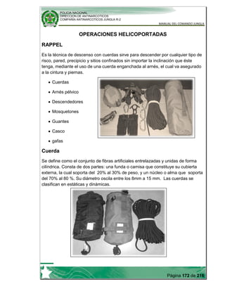 POLICIA NACIONAL
DIRECCION DE ANTINARCOTICOS
COMPAÑÍA ANTINARCOTICOS JUNGLA R-2
MANUAL DEL COMANDO JUNGLA
Página 172 de 216
OPERACIONES HELICOPORTADAS
RAPPEL
Es la técnica de descenso con cuerdas sirve para descender por cualquier tipo de
risco, pared, precipicio y sitios confinados sin importar la inclinación que éste
tenga, mediante el uso de una cuerda enganchada al arnés, el cual va asegurado
a la cintura y piernas.
Cuerdas
Arnés pélvico
Descendedores
Mosquetones
Guantes
Casco
gafas
Cuerda
Se define como el conjunto de fibras artificiales entrelazadas y unidas de forma
cilíndrica. Consta de dos partes: una funda o camisa que constituye su cubierta
externa, la cual soporta del 20% al 30% de peso, y un núcleo o alma que soporta
del 70% al 80 %. Su diámetro oscila entre los 8mm a 15 mm. Las cuerdas se
clasifican en estáticas y dinámicas.
 