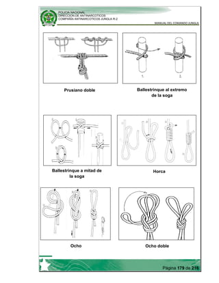 POLICIA NACIONAL
DIRECCION DE ANTINARCOTICOS
COMPAÑÍA ANTINARCOTICOS JUNGLA R-2
MANUAL DEL COMANDO JUNGLA
Página 179 de 216
Ballestrinque al extremo
de la soga
Ballestrinque a mitad de
la soga
Horca
Ocho Ocho doble
Prusiano doble
 