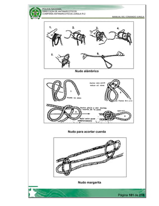 POLICIA NACIONAL
DIRECCION DE ANTINARCOTICOS
COMPAÑÍA ANTINARCOTICOS JUNGLA R-2
MANUAL DEL COMANDO JUNGLA
Página 181 de 216
Nudo alámbrico
Nudo de artillería
Nudo para acortar cuerda
Nudo margarita
 