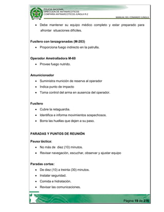 POLICIA NACIONAL
DIRECCION DE ANTINARCOTICOS
COMPAÑÍA ANTINARCOTICOS JUNGLA R-2
MANUAL DEL COMANDO JUNGLA
Página 19 de 216
Debe mantener su equipo médico completo y estar preparado para
afrontar situaciones difíciles.
Fusilero con lanzagranadas (M-203)
Proporciona fuego indirecto en la patrulla.
Operador Ametralladora M-60
Provee fuego nutrido.
Amunicionador
Suministra munición de reserva al operador
Indica punto de impacto
Toma control del arma en ausencia del operador.
Fusilero
Cubre la retaguardia.
Identifica e informa movimientos sospechosos.
Borra las huellas que dejen a su paso.
PARADAS Y PUNTOS DE REUNIÓN
Pausa táctica:
No más de diez (10) minutos.
Revisar navegación, escuchar, observar y ajustar equipo
Paradas cortas:
De diez (10) a treinta (30) minutos.
Instalar seguridad.
Comida e hidratación.
Revisar las comunicaciones.
 