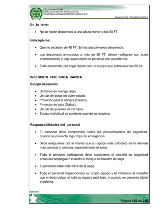 POLICIA NACIONAL
DIRECCION DE ANTINARCOTICOS
COMPAÑÍA ANTINARCOTICOS JUNGLA R-2
MANUAL DEL COMANDO JUNGLA
Página 192 de 216
En la torre:
No se harán descensos a una altura mayor a los 60 FT.
Helicópteros:
Que no excedan de 45 FT. En los dos primeros descensos.
Los descensos avanzados a más de 50 FT, deben realizarse con buen
entrenamiento y bajo supervisión de personal con experiencia.
Evite descender por soga rápida con un equipo que sobrepase las 60 Lb
INSERCION POR SOGA RAPIDA
Equipo necesario:
Uniforme de manga larga.
Un par de botas en buen estado.
Protector para la cabeza (Casco).
Protector de ojos (Gafas).
Un par de guantes de carnaza.
Equipo individual de combate cuando se requiera.
Responsabilidades del personal
El personal debe comprender todos los procedimientos de seguridad,
cuando se presente algún tipo de emergencia.
Debe asegurarse por sí mismo que su equipo este colocado de la manera
más correcta y cómoda, especialmente el arma.
Todo el personal participante debe abrocharse el cinturón de seguridad
antes del despegue o cuando lo indique el maestro de soga.
El personal debe estar libre de la soga.
Todo el personal inspeccionara su propio equipo y le informara al maestro
con el dedo pulgar si todo su equipo está bien, o cuando se presente algún
problema.
 