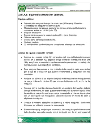 POLICIA NACIONAL
DIRECCION DE ANTINARCOTICOS
COMPAÑÍA ANTINARCOTICOS JUNGLA R-2
MANUAL DEL COMANDO JUNGLA
Página 194 de 216
ANCLAJE EQUIPO DE EXTRACCION VERTICAL
Equipo a utilizar:
Correas para asegurar la soga de extracción.(02 largas y 02 cortas)
Candados para asegurar las correas (04).
Mosquetones de carga para asegurar las correas al piso del helicóptero
cuando se realice en UH 1H (min. 06).
Soga de extracción.
Cuerda para asegurar la soga de extracción y darle dirección.
Sillas de extracción.
Cuerda corta para seguridad alterna.
Hacha y madero.
02 mosquetones por hombre para asegurarse a la soga de extracción.
Anclaje de equipo extracción vertical:
Coloque las correas cortas (02) por encima del piso del helicóptero deben
quedar en la estación 123 pegadas al eje central de la maquina (si es UH
1H y asegúrelas a un costado con las correas largas que van por debajo de
la maquina con sus respectivos candados.
Para asegurar las correas al otro costado de la maquina pase antes estas
por el ojo de la soga sin que queden entorchadas y asegúrelas con los
candados.
Asegure las correas a las argollas del piso de la maquina con mosquetones
de carga colocando mínimo 03 por correa distribuidos a lo ancho de la
máquina.
Asegure con la cuerda a la soga haciendo un prusiano de 6 vueltas debajo
del ojo de la misma, no debe quedar tensionada para evitar que ejerza toda
la presión al momento que tenga carga y asegúrela al piso de la maquina
con un as de guía y un mosquetón. Esta debe quedar en medio del patín y
el piso de la máquina.
Coloque el madero debajo de las correas y el hacha asegúrela quedando
libre para ser utilizada en caso de emergencia.
Extienda la soga y recójala por un costado dela maquina preferiblemente el
lado derecho, esta debe quedar por el frente del tren de sin sobrepasar el
 